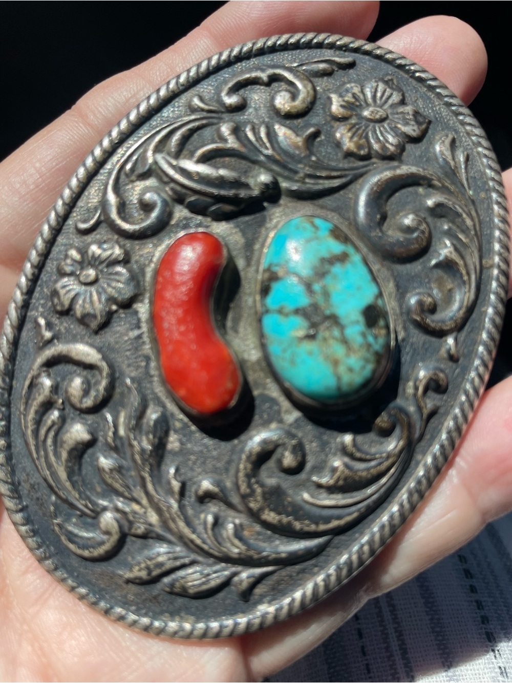 Vintage FL Sterling Silver Turquoise Coral Floral Belt Buckle